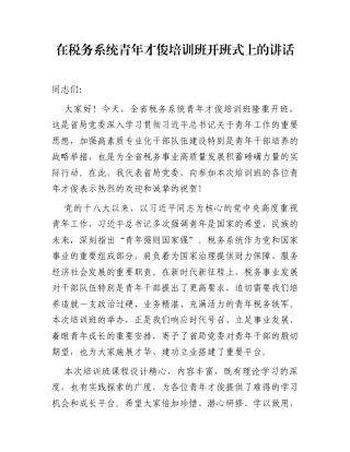 在税务系统青年才俊培训班开班式上的讲话