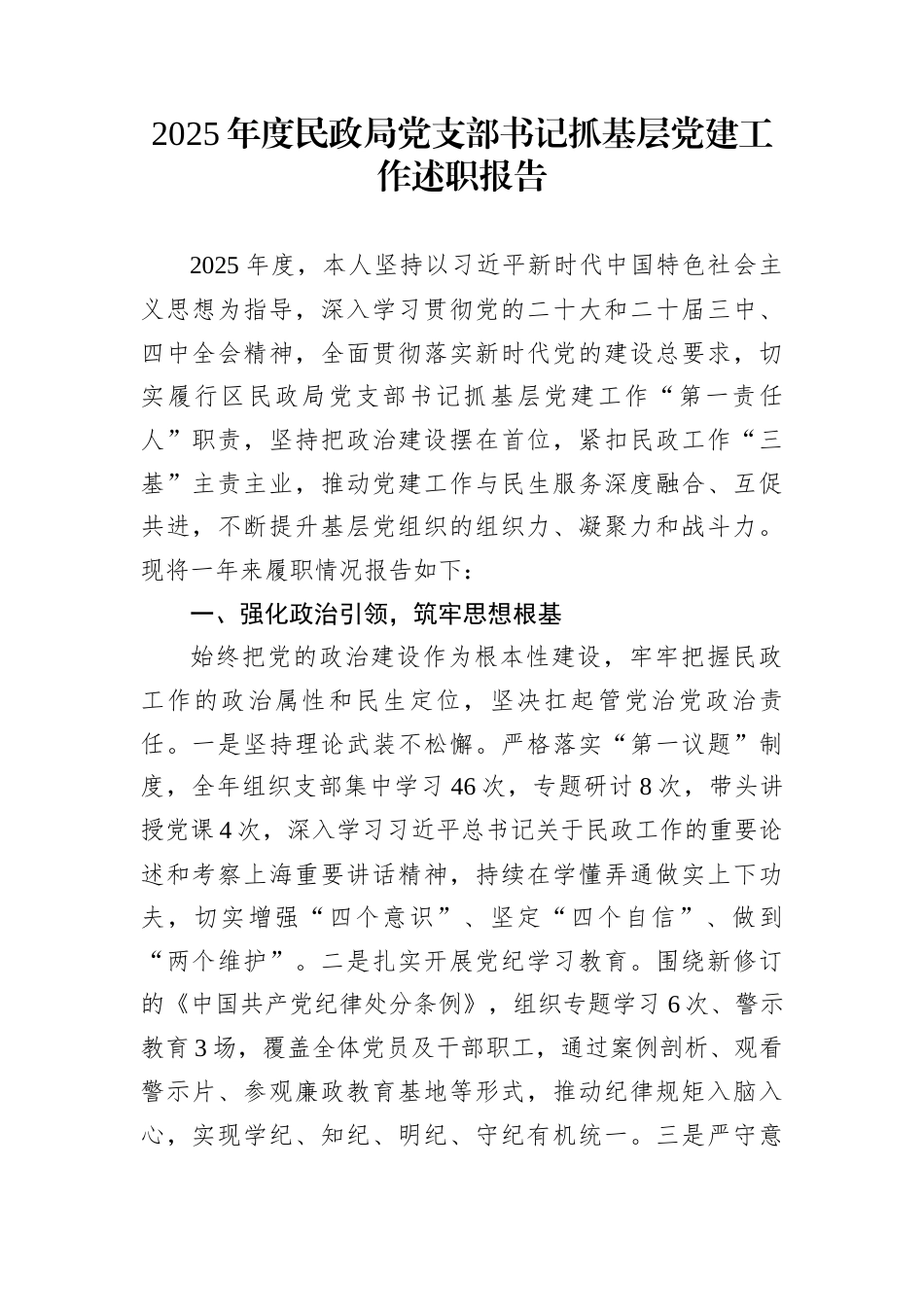 2025年度民政局党支部书记抓基层党建工作述职报告_第1页