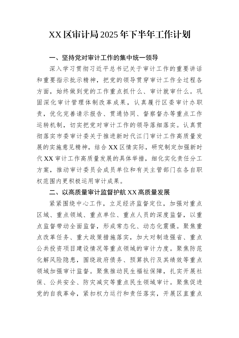 XX区审计局2025年下半年工作计划_第1页