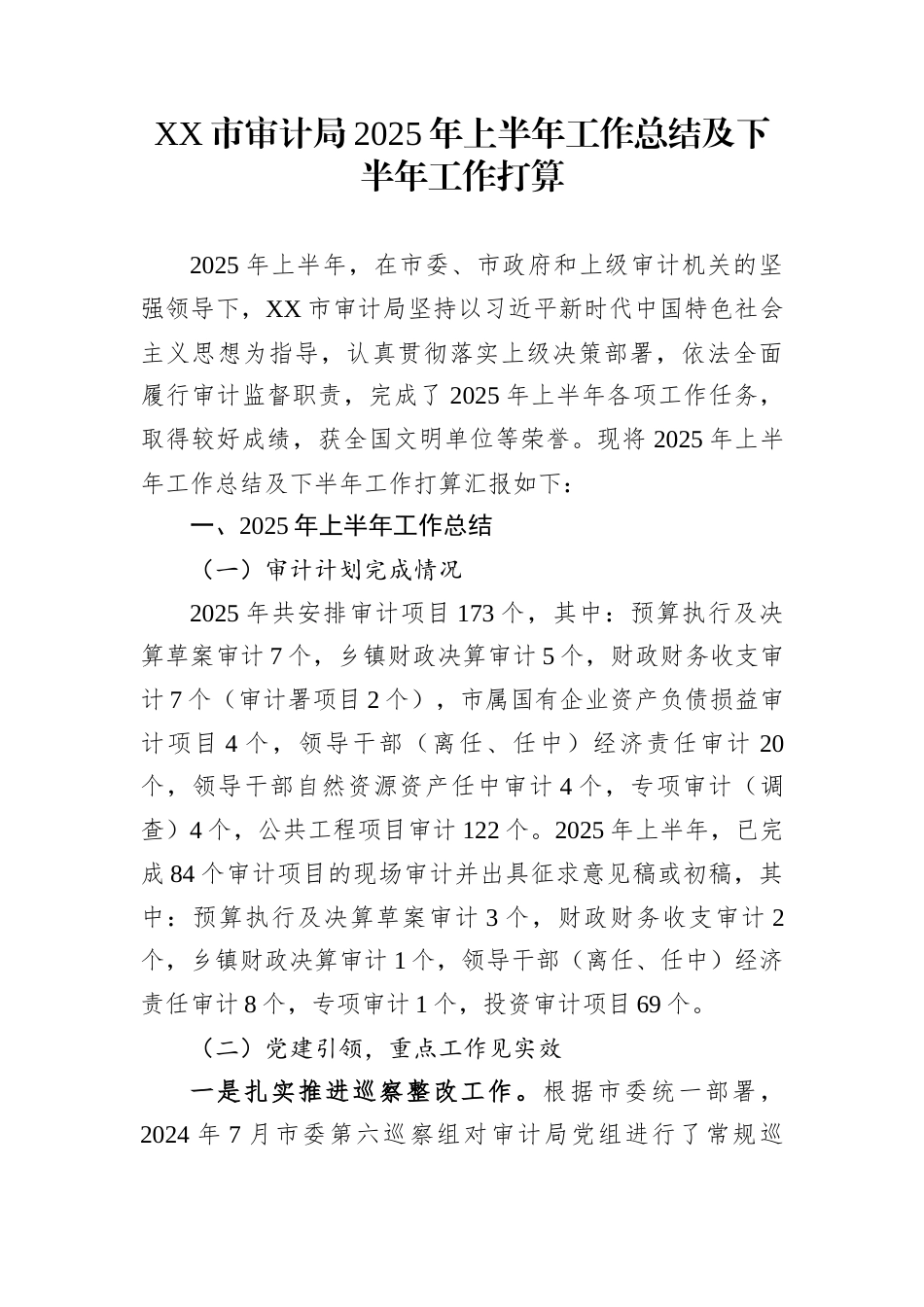 XX市审计局2025年上半年工作总结及下半年工作打算_第1页