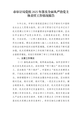 市审计局党组2025年落实全面从严治党主体责任工作情况报告