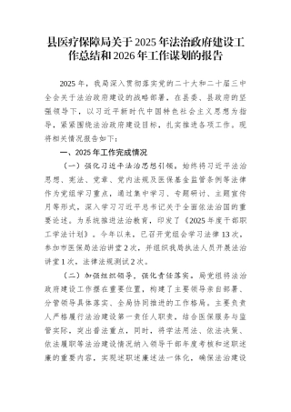 县医疗保障局关于2025年法治政府建设工作总结和2026年工作谋划的报告