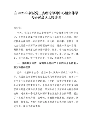 在2025年新区党工委理论学习中心组集体学习研讨会议上的讲话