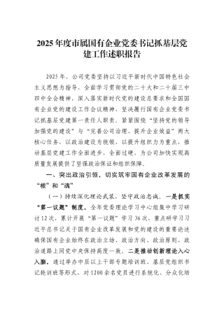 2025年度市属国有企业党委书记抓基层党建工作述职报告