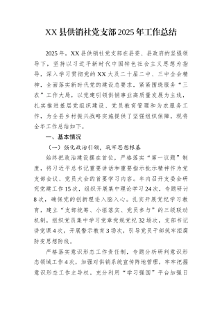 XX县供销社党支部2025年工作总结