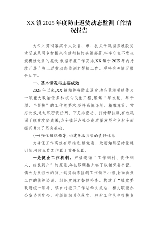 XX镇2025年度防止返贫动态监测工作情况报告