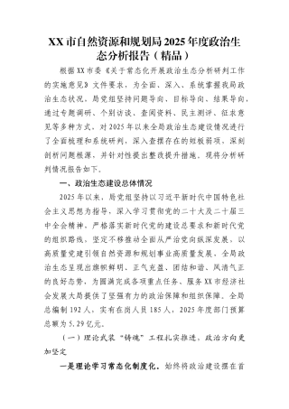 XX市自然资源和规划局2025年度政治生态分析报告（精品）
