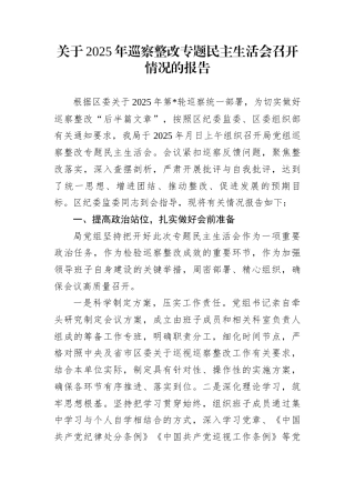 关于2025年巡察整改专题民主生活会召开情况的报告