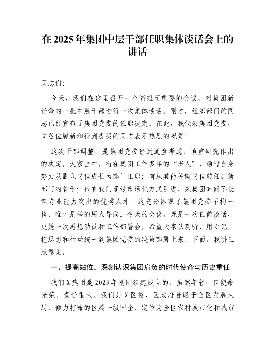 在2025年集团中层干部任职集体谈话会上的讲话_第1页