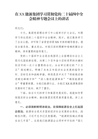 在XX能源集团学习贯彻党的二十届四中全会精神专题会议上的讲话
