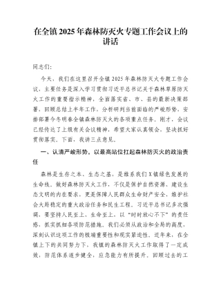 在全镇2025年森林防灭火专题工作会议上的讲话
