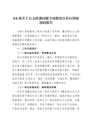 镇关于公文抄袭问题专项整治自查自纠情况的报告