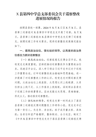 X县第四中学总支部委员会关于巡察整改进展情况的报告