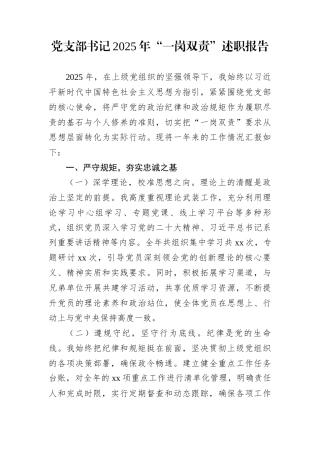 党支部书记2025年“一岗双责”述职报告