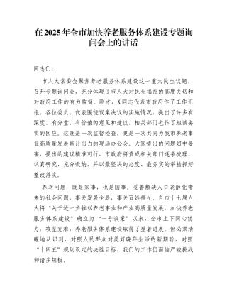 在2025年全市加快养老服务体系建设专题询问会上的讲话
