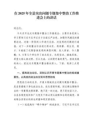 在2025年全县突出问题专题集中整治工作推进会上的讲话