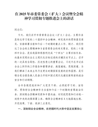 在2025年市委常委会（扩大）会议暨全会精神学习贯彻专题推进会上的讲话
