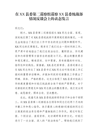 在XX县委第二巡察组巡察XX县委统战部情况反馈会上的表态发言