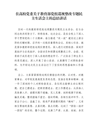 在高校党委关于教育部党组巡视整改专题民主生活会上的总结讲话