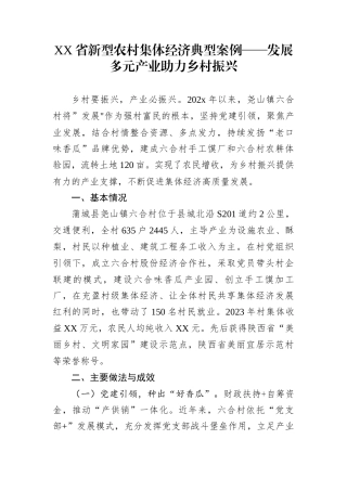 XX省新型农村集体经济典型案例——发展多元产业助力乡村振兴