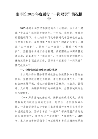 副市长2025年度履行“一岗双责”情况报告