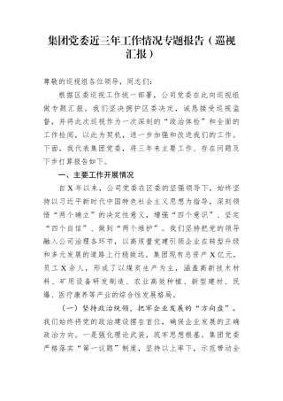 集团党委近三年工作情况专题报告（巡视汇报）