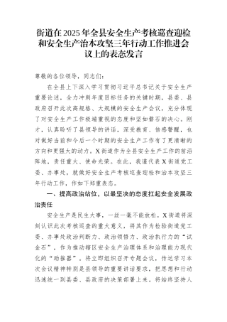 街道在2025年全县安全生产考核巡查迎检和安全生产治本攻坚三年行动工作推进会议上的表态发言