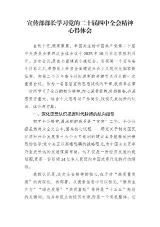 宣传部部长学习党的二十届四中全会精神心得体会