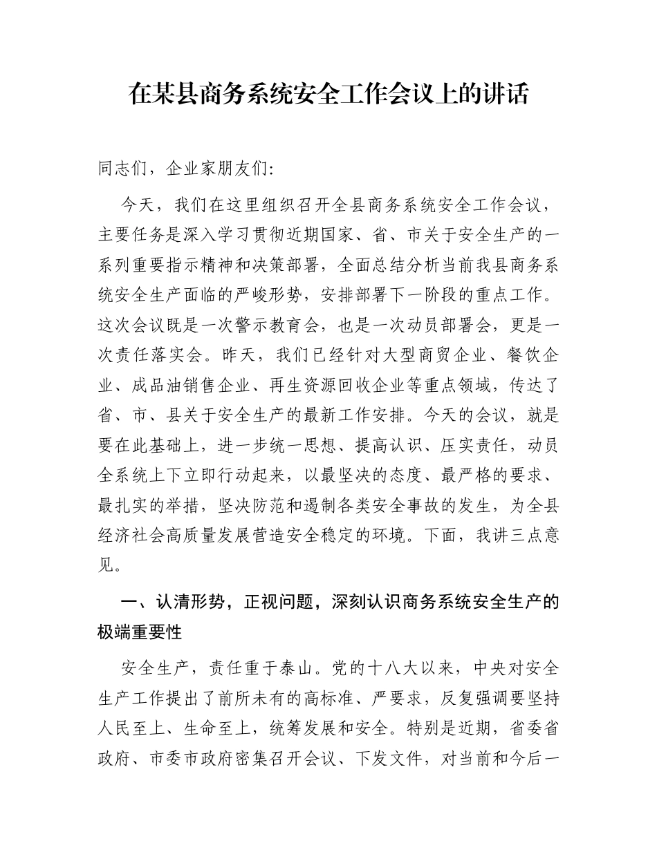 在某县商务系统安全工作会议上的讲话_第1页