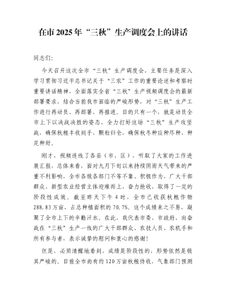 在市2025年“三秋”生产调度会上的讲话