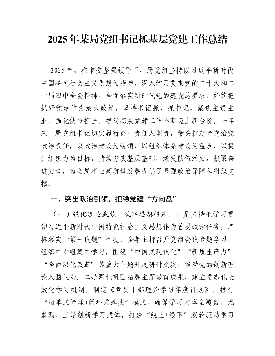 2025年某局党组书记抓基层党建工作总结_第1页