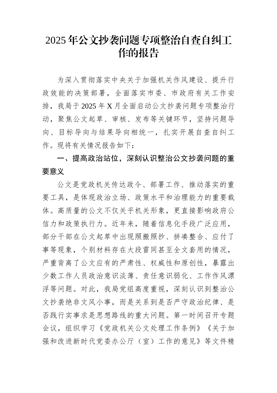 2025年公文抄袭问题专项整治自查自纠工作的报告_第1页