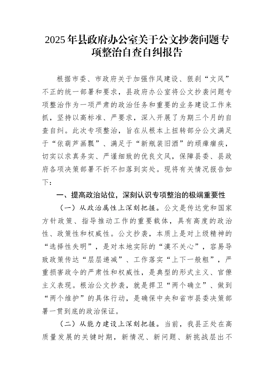 2025年县政府办公室关于公文抄袭问题专项整治自查自纠报告_第1页