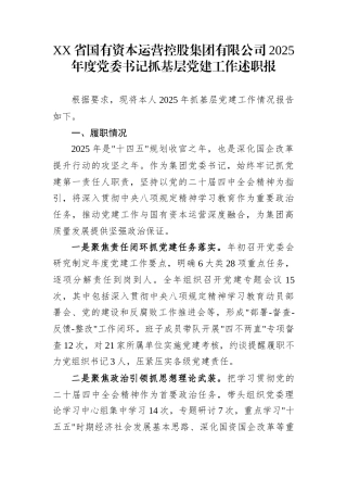XX省国有资本运营控股集团有限公司2025年度党委书记抓基层党建工作述职报