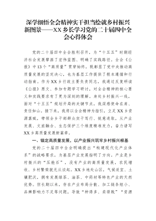 深学细悟全会精神实干担当绘就乡村振兴新图景——XX乡长学习党的二十届四中全会心得体会