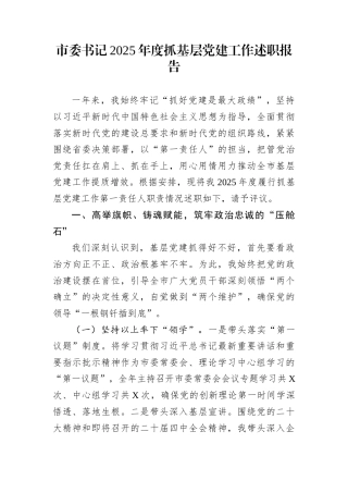 市委书记2025年度抓基层党建工作述职报告