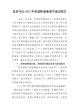 县委书记2025年度述职述廉述学述法报告