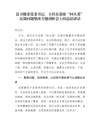 县卫健委党委书记、主任在巡察“回头看”反馈问题整改专题剖析会上的总结讲话