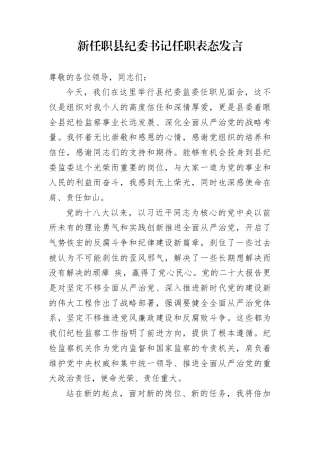 新任职县纪委书记任职表态发言