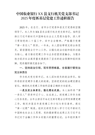 中国农业银行XX县支行机关党支部书记2025年度抓基层党建工作述职报告