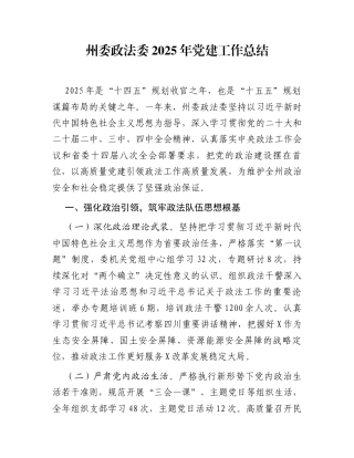 州委政法委2025年党建工作总结