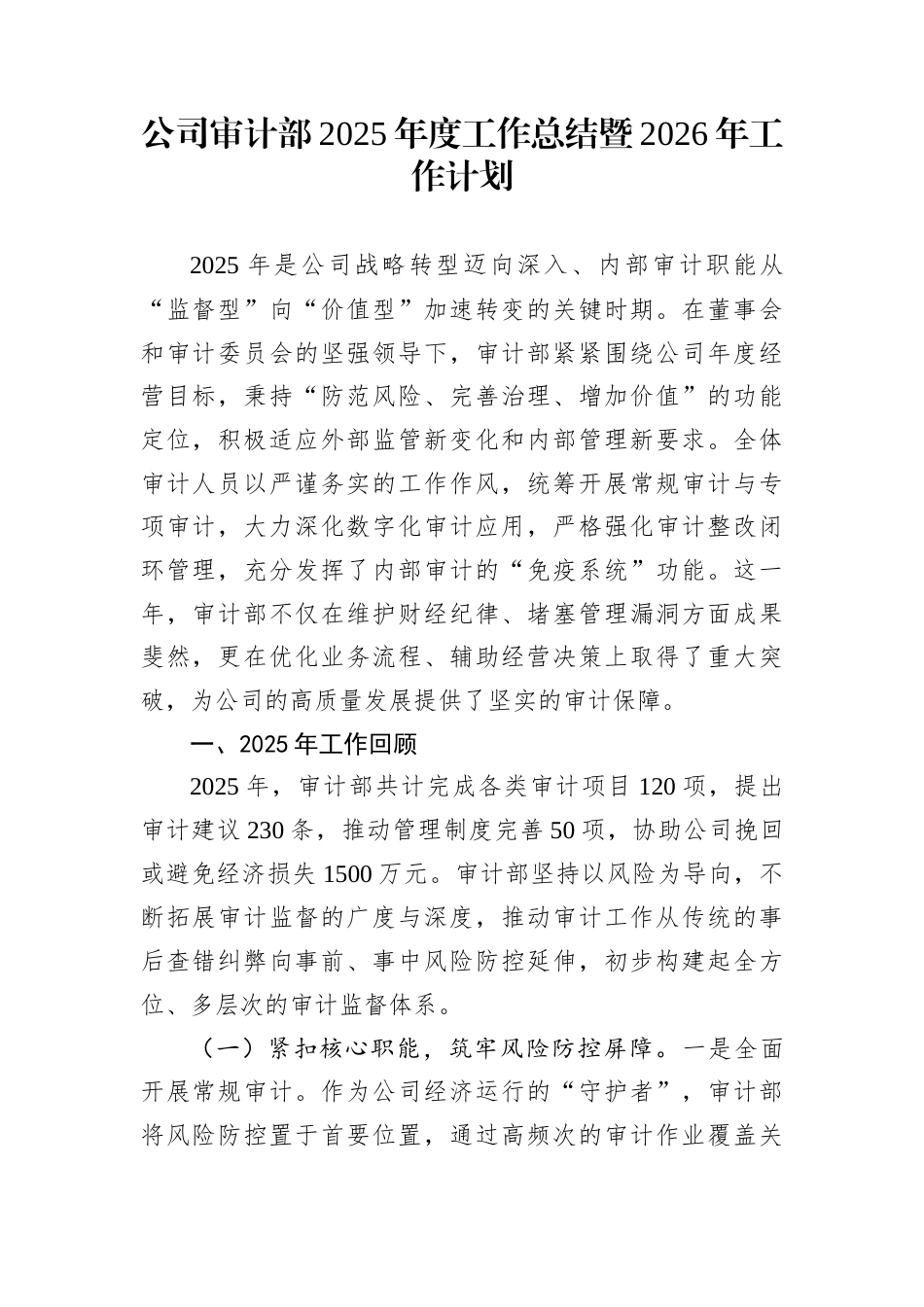 公司审计部2025年度工作总结暨2026年工作计划_第1页
