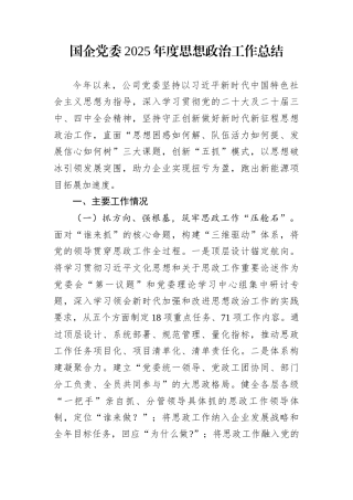 国企党委2025年度思想政治工作总结