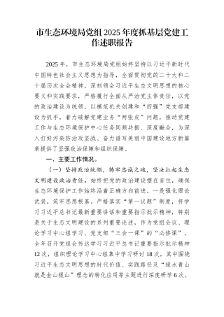 市生态环境局党组2025年度抓基层党建工作述职报告