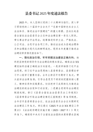 县委书记2025年度述法报告