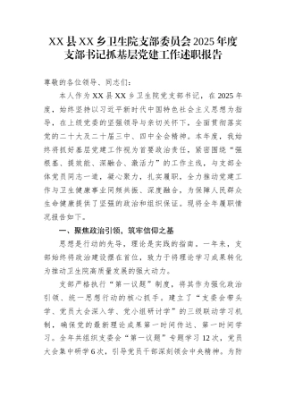 XX县XX乡卫生院支部委员会2025年度支部书记抓基层党建工作述职报告