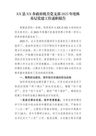 XX县XX乡政府机关党支部2025年度抓基层党建工作述职报告