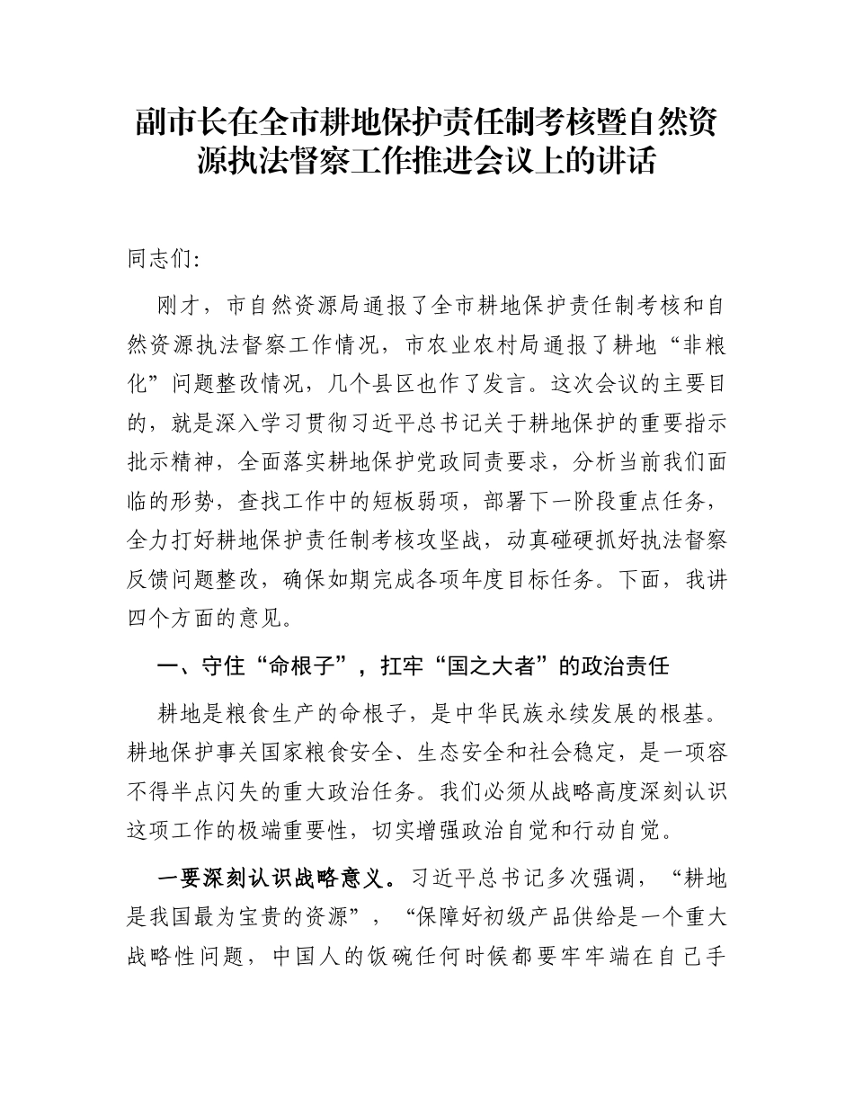 副市长在全市耕地保护责任制考核暨自然资源执法督察工作推进会议上的讲话_第1页