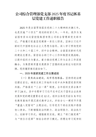公司综合管理部党支部2025年度书记抓基层党建工作述职报告