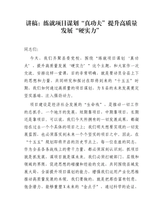 讲稿：练就项目谋划“真功夫”提升高质量发展“硬实力”